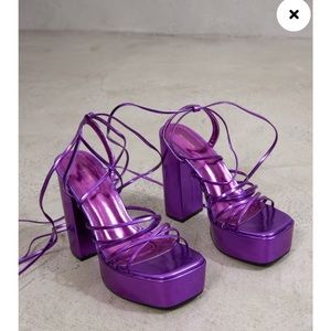 Purple Metallic Multi Strap Lace Up Platform High Heeled Sandals